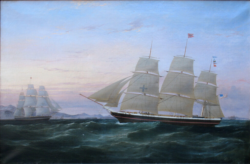 Oil painting of two packet ships at sea.