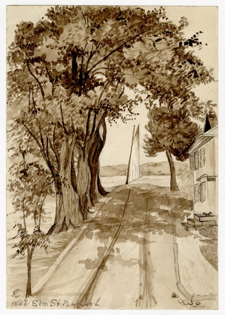 Watercolor depicting Elm Street in Newport, Rhode Island, with a boat in the distance.
